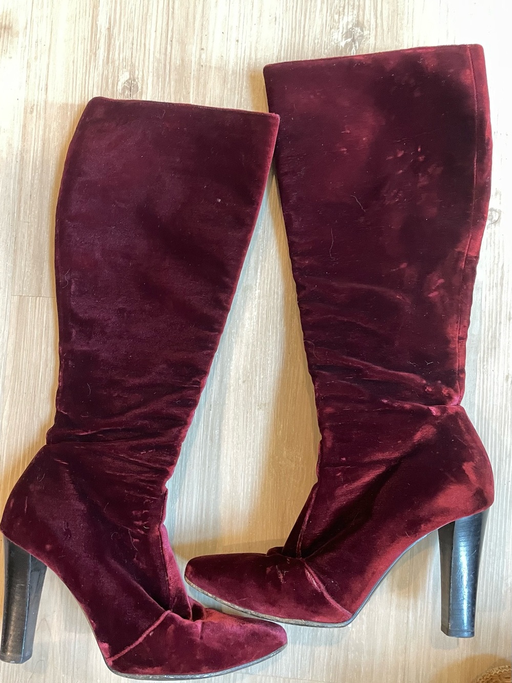 Women's Burgundy Velvet Knee-High Heeled Boots